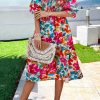 Women's Summer Casual Dresses 2025 Spring Puff Sleeve Square Neck A-line Flowy Boho Floral Smocked Midi Dress