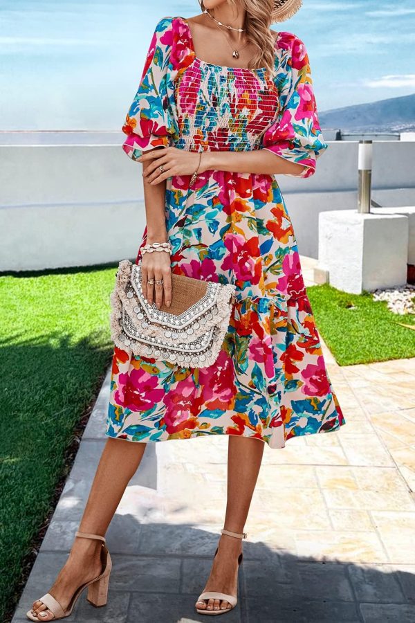 Women's Summer Casual Dresses 2025 Spring Puff Sleeve Square Neck A-line Flowy Boho Floral Smocked Midi Dress