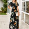 Simplee Womens Summer Floral Casual Maxi Dresses Flutter Short Sleeve Crew Neck Smocked Chiffon Boho Flowy Dress