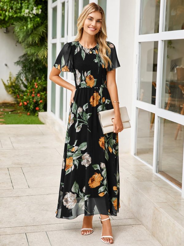 Simplee Womens Summer Floral Casual Maxi Dresses Flutter Short Sleeve Crew Neck Smocked Chiffon Boho Flowy Dress