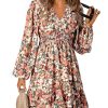 Womens Dresses 2025 Boho Floral V Neck Long Sleeve Smocked Elastic Waist Casual A-Line Swing Mini Dress Sundress