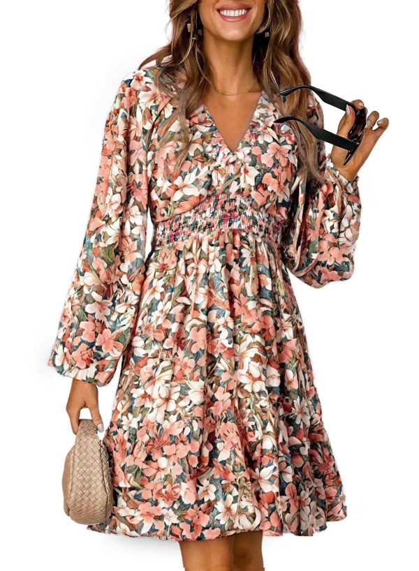 Womens Dresses 2025 Boho Floral V Neck Long Sleeve Smocked Elastic Waist Casual A-Line Swing Mini Dress Sundress
