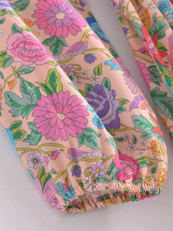 Women Pink Floral Print Beach Bohemian Dresses Mini Dresses Summer Rayon Happie Dress Robe Vestidos