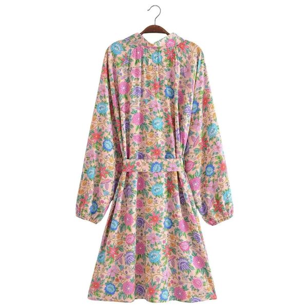 Women Pink Floral Print Beach Bohemian Dresses Mini Dresses Summer Rayon Happie Dress Robe Vestidos
