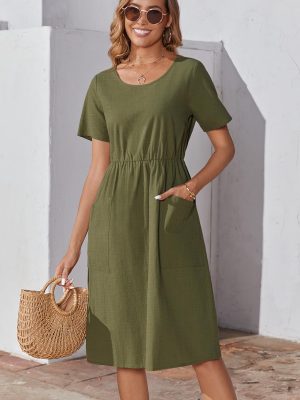 Womens Summer Midi Dress Casual Short Sleeve A-Line Cotton Linen Dress Flowly Beach Tunic Sundresses with Pockets 2025