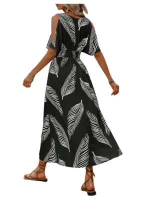 Women's Summer Maxi Casual Dresses 2024 Cold Shoulder V Neck Short Sleeve Dress