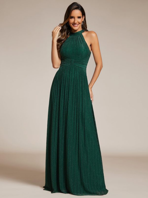 Women's Halter Neck Summer Formal Dresses Sleeveless Pletaed Floor Length Glitter Evening Dresses 41961
