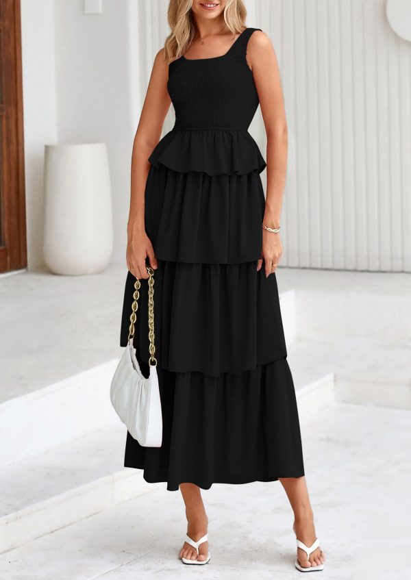 Womens 2025 Summer Sleeveless Midi Dress Scoop Neck A Line Smocked Ruffle Tiered Layered Beach Vacation Dresses