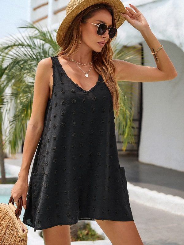 Womens Casual Sun Summer Dresses Swiss Polka Dot Beach Cover Up V Neck Tank Dress with Pockets