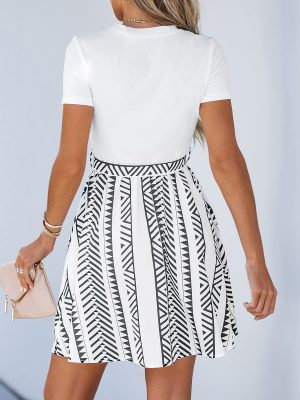 Women's Floral Paisley Mini Beach Dress Crew Neck Short Sleeve Belted Tie A Line Stripe Mini Summer Dresses