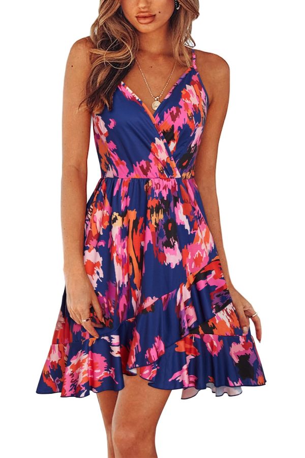 Womens Summer Dresses Floral V Neck Ruffled Hem Spaghetti Spring Casual Beach Outfits Flowy Wrap Sun Dress