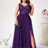 Women's Plus Size Sequin Lace Deep V-Neck Sleeveless Slit Formal Evening Maxi Dresses
