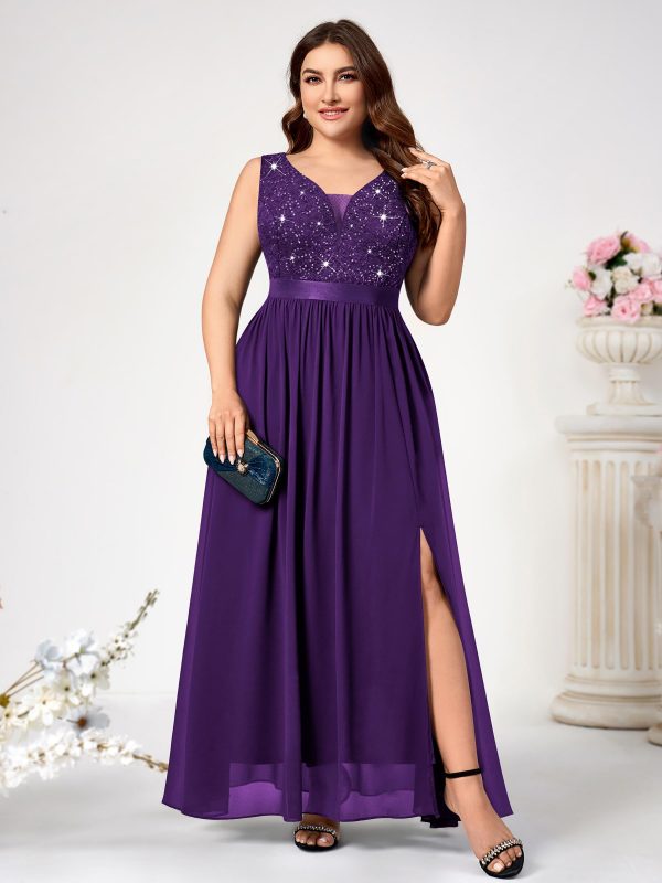 Women's Plus Size Sequin Lace Deep V-Neck Sleeveless Slit Formal Evening Maxi Dresses