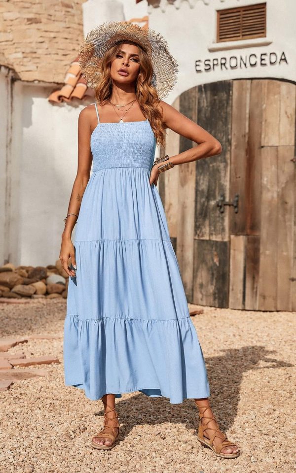 Women's Summer Maxi Dress 2025 Casual Boho Sleeveless Spaghetti Strap Smocked Tiered Long Beach Sundresses
