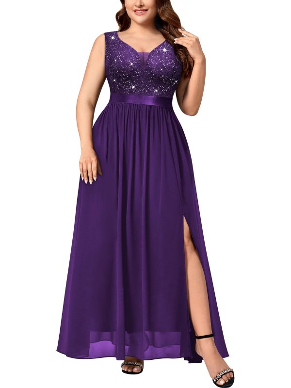 Women's Plus Size Sequin Lace Deep V-Neck Sleeveless Slit Formal Evening Maxi Dresses