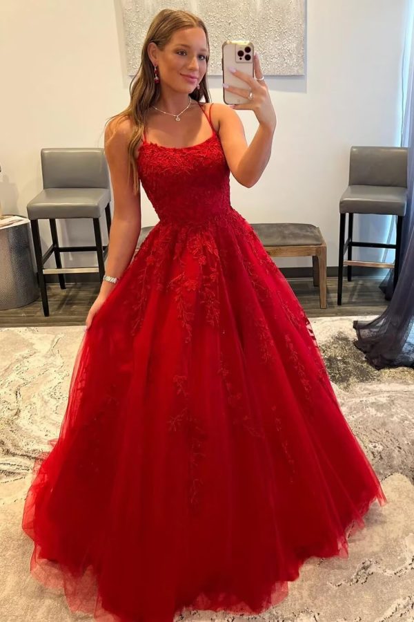 Spaghetti Straps Long Prom Dresses 2025 Ball Gown Lace Appliques Tulle Prom Dress with Pockets Wedding Gowns for Women
