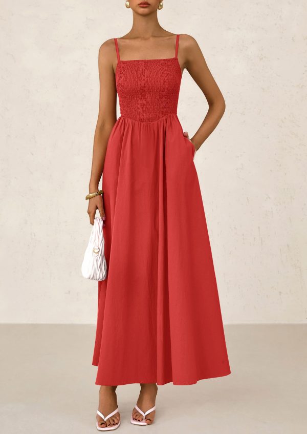 Women's 2025 Summer Maxi Dresses Beach Sundress Casual Spaghetti Strap Smocked Swing A Line Long Flowy Dress