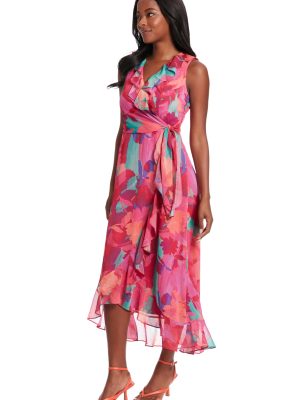 Women's Sleeveless Ruffle Detail Faux Wrap Tie Midi Dress