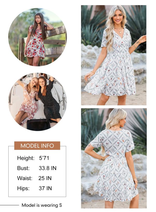 Womens Summer Casual Boho Floral Dresses V Neck Short Sleeve Sundresses Flowy Swing A-Line Mini Dress