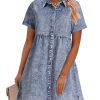 Denim Dress for Women Babydoll Tiered Short Sleeve Button Down Jean Shirt Dresses