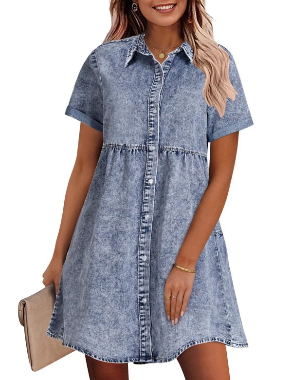Denim Dress for Women Babydoll Tiered Short Sleeve Button Down Jean Shirt Dresses
