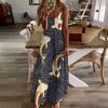 Japan Waves Fish Maxi Dress for Women Summer Casual Sleeveless V Neck Spaghetti Dresses