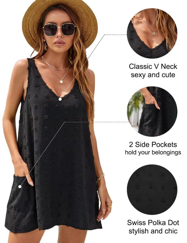 Womens Casual Sun Summer Dresses Swiss Polka Dot Beach Cover Up V Neck Tank Dress with Pockets