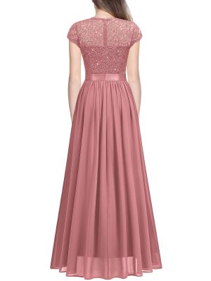 Women's Classy Scoop Neck Sequin Lace Contrast Bridesmaid Party Maxi Dress