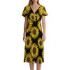 Yellow Sunflower Women's Midi Dress Short Sleeve Dresses V Neck Sundress Casual Summer