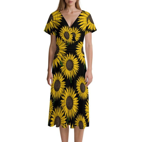 Yellow Sunflower Women's Midi Dress Short Sleeve Dresses V Neck Sundress Casual Summer