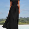 Women's Casual Dresses 2025 Summer Short Sleeve Ruched Patchwork A Line Pleated Swing Maxi Dress with Pockets