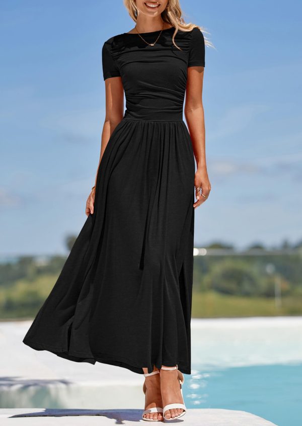 Women's Casual Dresses 2025 Summer Short Sleeve Ruched Patchwork A Line Pleated Swing Maxi Dress with Pockets