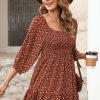 Spring Dresses for Women 2025 Boho Floral Square Neck Smocked 3/4 Sleeve Casual A-Line Swing Mini Dress Sundress
