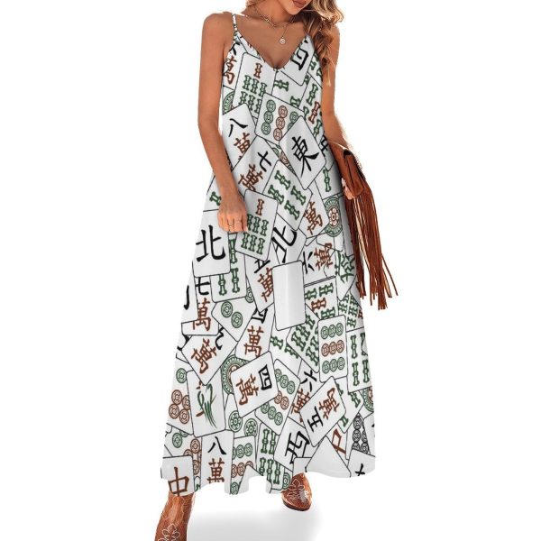 Mahjong Tiles Maxi Dress for Women Summer Casual Sleeveless V Neck Spaghetti Dresses