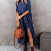 Women's Summer Cotton Half Sleeves Button Down Casual Loose Slit Midi Dress with Pockets