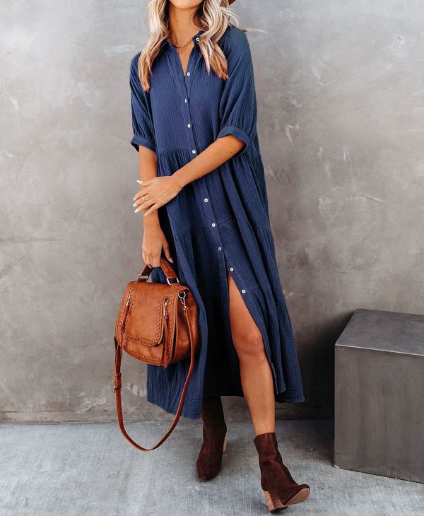 Women's Summer Cotton Half Sleeves Button Down Casual Loose Slit Midi Dress with Pockets
