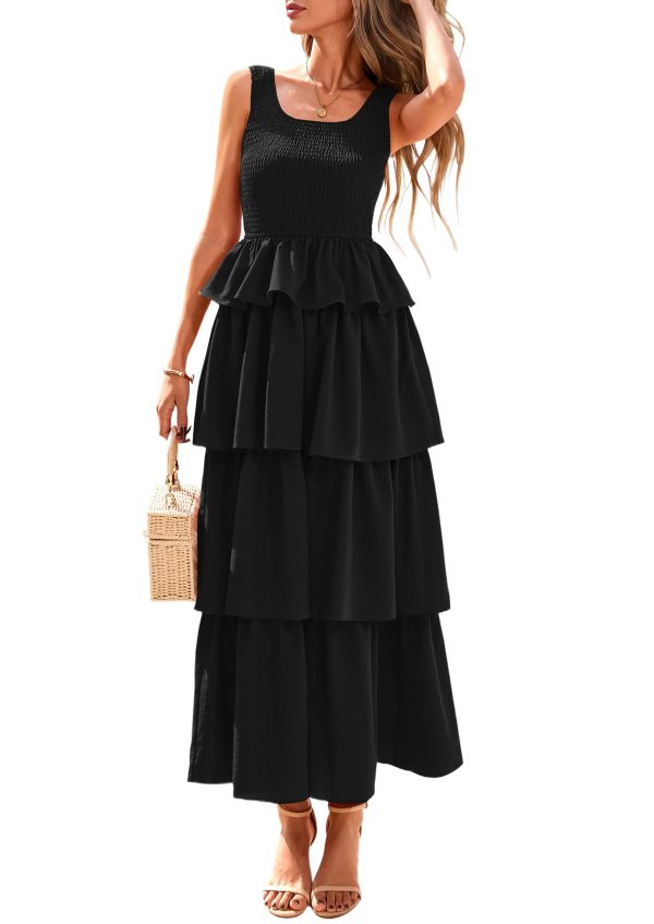 Womens 2025 Summer Sleeveless Midi Dress Scoop Neck A Line Smocked Ruffle Tiered Layered Beach Vacation Dresses