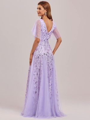 Women's Sequin Sparkly V-Neck Short Sleeve Maxi Evening Dress 00734
