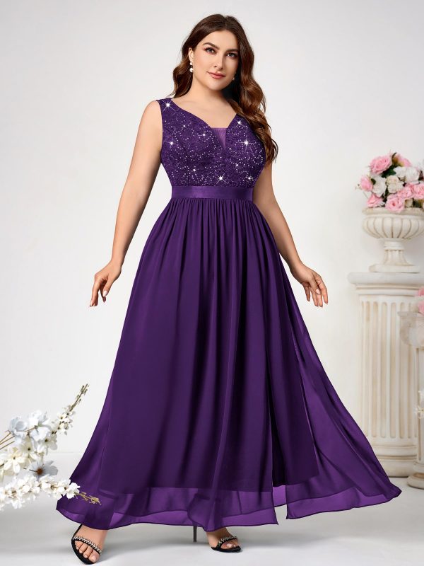 Women's Plus Size Sequin Lace Deep V-Neck Sleeveless Slit Formal Evening Maxi Dresses