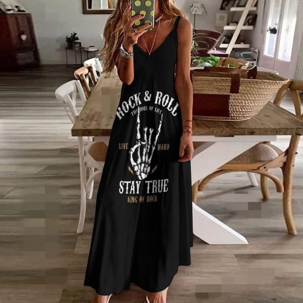 Rock&roll Maxi Dress for Women Summer Casual Sleeveless V Neck Spaghetti Dresses