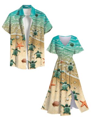 Matchable Couple Hawaiian Sea Beach Starfish Turtle Shell Print Shirt or Plus Size Midi Split A Line Dress