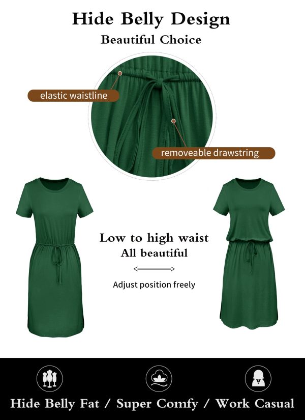 Womens Summer Hide Belly Knee Length Travel Dress Pocket 2025 Spring Short Sleeve Midi Work Casual Teacher Outfits