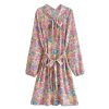 Women Pink Floral Print Beach Bohemian Dresses Mini Dresses Summer Rayon Happie Dress Robe Vestidos