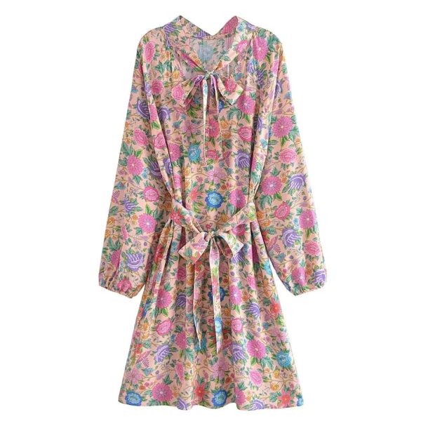 Women Pink Floral Print Beach Bohemian Dresses Mini Dresses Summer Rayon Happie Dress Robe Vestidos
