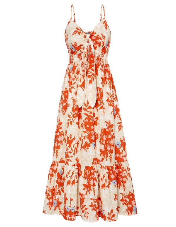Women's 2025 Summer Maxi Dress Floral Tie Front Spaghetti Strap Casual Boho Beach Flowy Sundress with Pockets