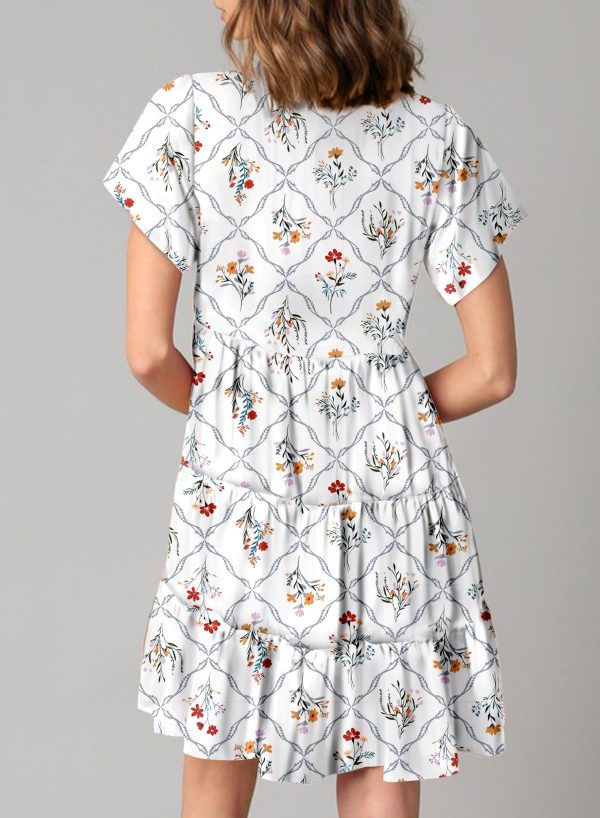 Womens Summer Casual Boho Floral Dresses V Neck Short Sleeve Sundresses Flowy Swing A-Line Mini Dress