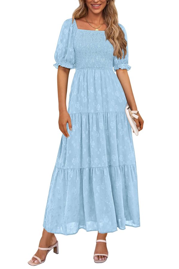 Women's 2025 Summer Casual Midi Dresses Square Neck Short Sleeve Smocked A Line Floral Flowy Elegant Boho Dress