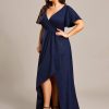 Sparkle V Neck A Line Ruffle Sleeve High Low Glitter Cocktail Wedding Guest Dresses for Curvy Women