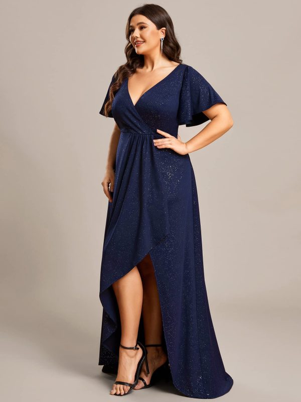Sparkle V Neck A Line Ruffle Sleeve High Low Glitter Cocktail Wedding Guest Dresses for Curvy Women