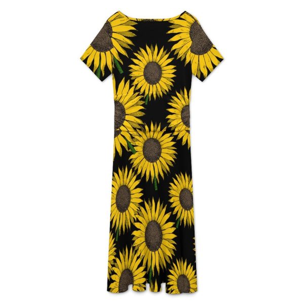Yellow Sunflower Women's Midi Dress Short Sleeve Dresses V Neck Sundress Casual Summer